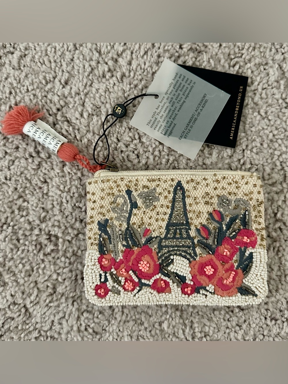 America and Beyond Embellished Floral Beaded Wristlet - Cream with Pink Accents